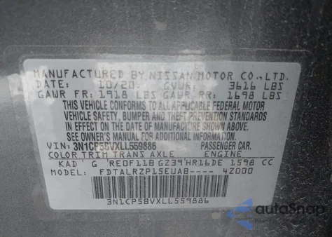 2020 Nissan Kicks S Xtronic Cvt z USA, uszkodzony, nr VIN 3N1CP5BVXLL559886